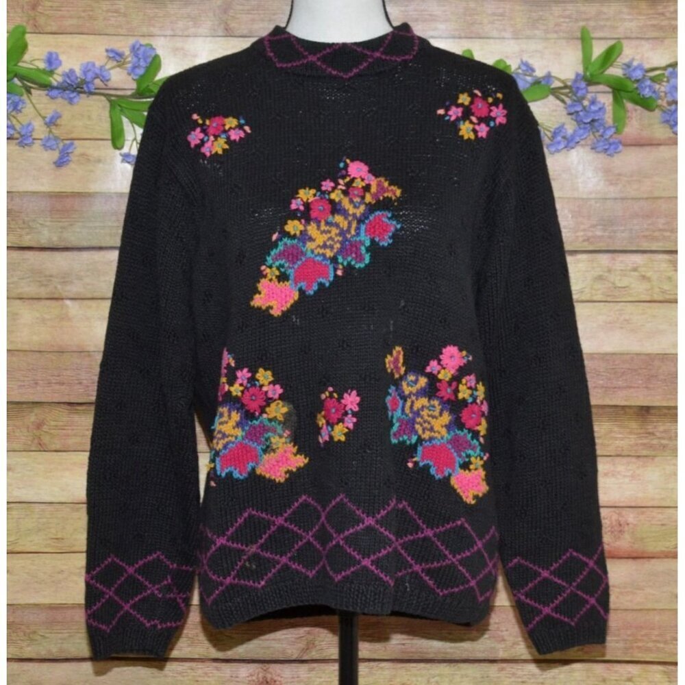 Vintage Portraits by Northern Isles Black Floral Hand Knitted Sweater Size L